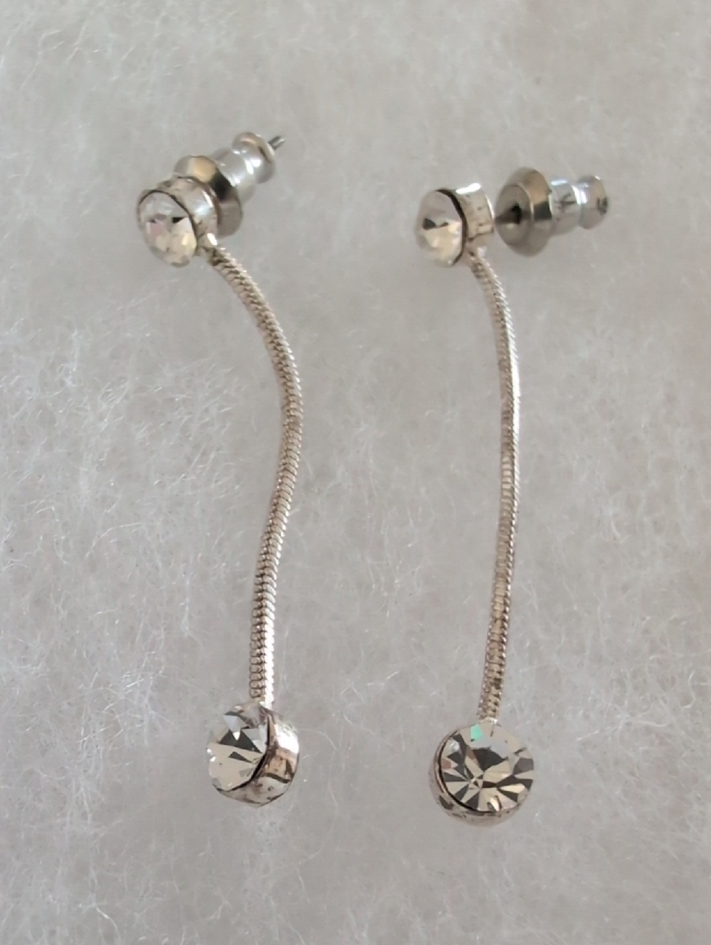 Sleek Silver-Tone Linear Snake Chain Drop Earrings - Bezel Set CZ